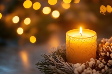 Close-up of a candle glowing softly next to a wreath, warm holiday light reflecting off Christmas decorations, copy space for stock photo with minimal concept, No logo, No Trademark, No text