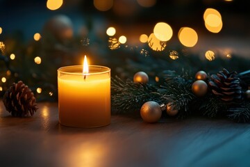 Wall Mural - close-up of a candle glowing softly next to a wreath, warm holiday light reflecting off christmas de