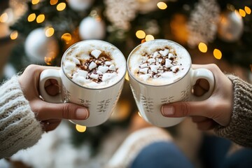 Friends toasting with mugs of hot cocoa while sitting by the Christmas tree, holiday cheer and warmth, copy space for stock photo with minimal concept, No logo, No Trademark, No text