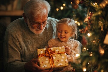 Wall Mural - Grandparents giving gifts to grandchildren under the Christmas tree, warm family moment during holiday celebrations, copy space for stock photo with minimal concept, No logo, No Trademark, No text