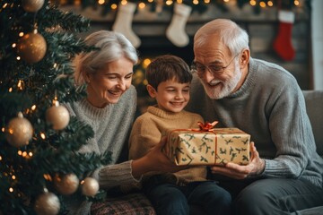 Wall Mural - grandparents giving gifts to grandchildren under the christmas tree, warm family moment during holid