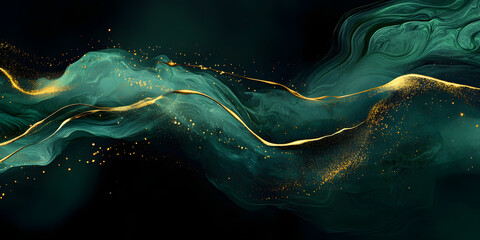 Wall Mural - abstract dark green ink acrylic splashes background with fine golden elements