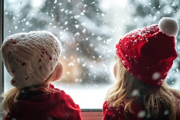 Wall Mural - Children eagerly looking out the window at snow falling on Christmas Eve, anticipation of the holiday, copy space for stock photo with minimal concept, No logo, No Trademark, No text