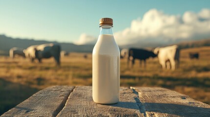 Fresh milk in a bottle on rustic wood, with a backdrop of cattle and a sprawling farm under a clear blue sky.