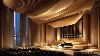 A modern concert hall featuring elegant architecture and a grand piano, perfect for performances and cultural events.