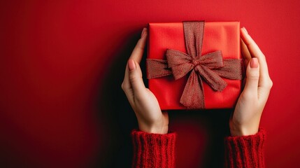 Person holding a Christmas gift wrapped in red paper and tied with a bow, festive and warm, copy space for stock photo with minimal concept, No logo, No Trademark, No text