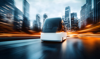 Electric and autonomous bus against futuristic cityscape. Self driving bus. Zero-emission electric bus in the high tech urban environment. Flying futuristic bus. Technology concept.