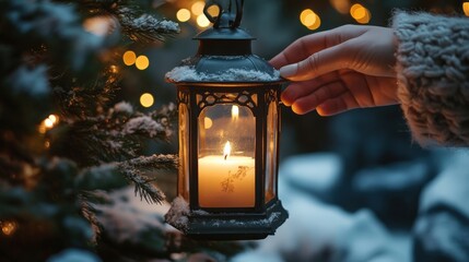 Wall Mural - hand lighting a candle in a christmas lantern, glowing light illuminating a cozy corner, copy space 