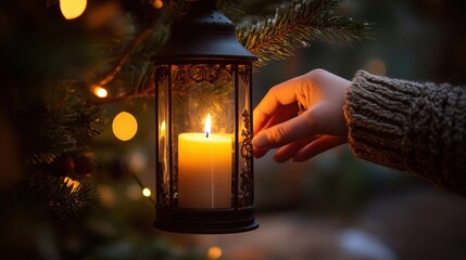 Wall Mural - hand lighting a candle in a christmas lantern, glowing light illuminating a cozy corner, copy space 