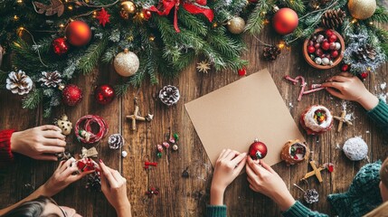 Wall Mural - family gathered around a table with christmas crafts, making ornaments together, creative holiday fu