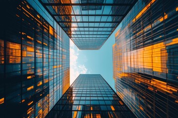 Wall Mural - Looking Up modern high-rise office buildings with blue sky in the background with generative ai