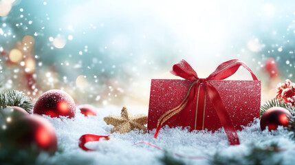 A festive Christmas scene featuring a beautifully wrapped red gift surrounded by sparkling snow, ornaments, and holiday cheer.