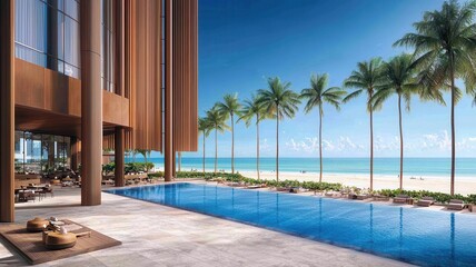 Wall Mural - Luxurious beachfront villa with a stunning pool, palm trees, and serene ocean views, perfect for relaxation and vacation experiences.