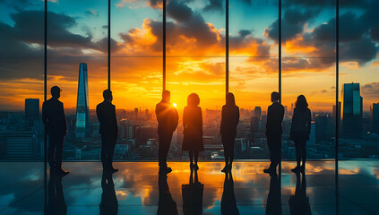 Silhouetted figures stand against a vibrant sunset, showcasing urban life and collaboration in a modern environment.