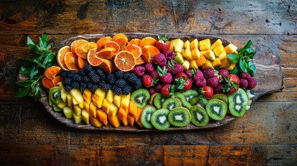 Poster - a product mock up of a fruit platter on a wooden table, freshly cut and organised well, ultra wide view, styled tables food photography style, natural lighting, uv lens