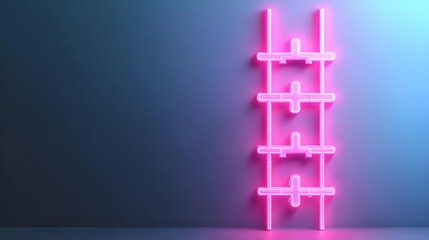 Poster - Pink Neon Ladder on Blue Wall - Minimalist Design Concept