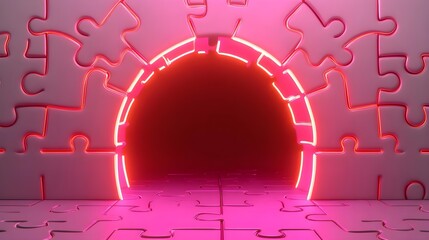 Canvas Print - Pink Neon Puzzle Doorway - Abstract Background