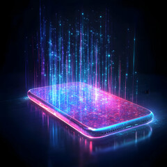 Wall Mural - a glowing smartphone with vibrant holographic effects, representing the future of technology and con