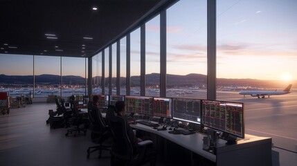 Air Traffic Control Tower with View of Runway and Airplane at Sunset.