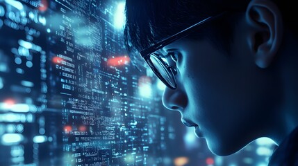 A close-up of an Indian man wearing glasses, surrounded by digital code and holographic data visualizations, representing the integration with artificial intelligence technology