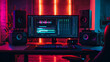 © Benjaporn - Modern video editing studio with dual monitors, audio mixing panels, and neon lighting creating a vibrant atmosphere