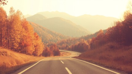 Autumn road landscape in beautiful nature travel. Mountain road scenery. Fall highway in colorful forest. Nature trip photo