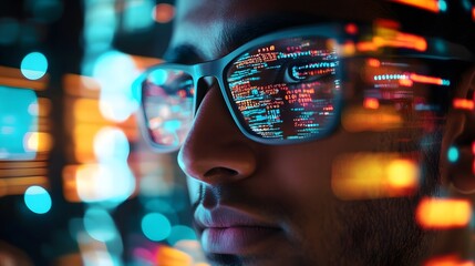 A close-up of an Indian man wearing glasses, surrounded by digital code and holographic data visualizations, representing the integration with artificial intelligence technology