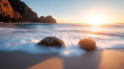 This image captures the serene beauty of a sunset on a beach with waves gracefully crashing against rocks in the foreground, highlighting the peaceful and calming atmosphere.