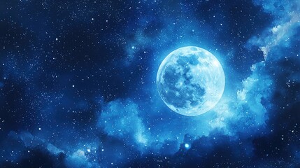 Wall Mural - Abstract digital painting depicting a blue moon in a starry sky with twinkling lights on the moon, blue light particles, detailed background elements, 