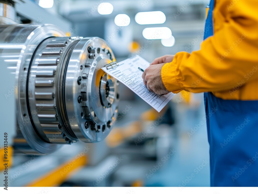 Engineer holding a checklist and marking products on an assembly line ...