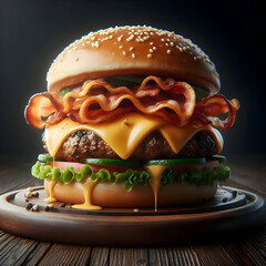 Wall Mural - realistic photograph of a delicious burger with bacon and cheese melting on a dark wooden table isolated on dark background