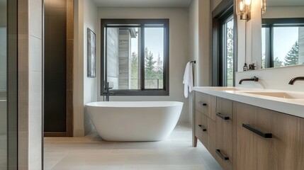 Wall Mural - A contemporary bathroom featuring a freestanding tub and sleek fixtures