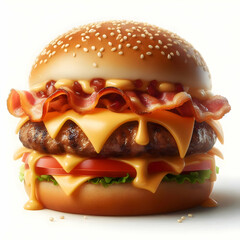 Wall Mural - realistic photograph of a delicious big burger with bacon and cheese melting isolated on white background 