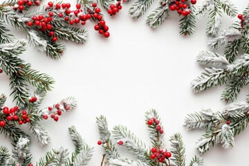 Poster - Christmas border with snow-covered fir branches and red berries on a white background christmas festival plant.