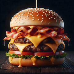 Wall Mural - realistic photograph of a delicious burger with bacon and cheese melting on a dark wooden table isolated on dark background
