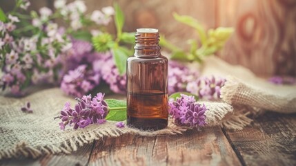 Canvas Print - A bottle of lavender essential oil sits