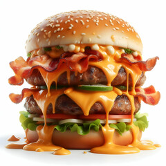 Wall Mural - hyper realistic and hyper detalisti of a delicious burger with bacon and cheese melting isolated on white background