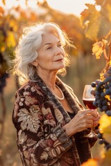 Wall Mural - A fashionable beautiful senior female holding a glass of wine in grape plantation field