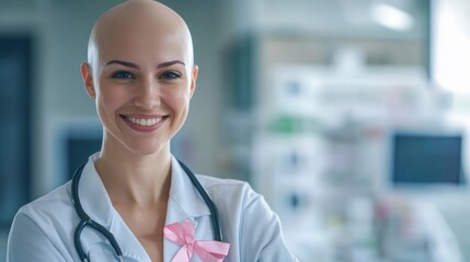 Sensitive smiling bald female posing with small pink ribbon lapel pin - symbol of the fight against breast cancer on her clothes, blurred hospital background