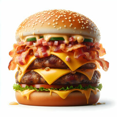 Wall Mural - hyper realistic and hyper detalisti of a delicious burger with bacon and cheese melting isolated on white background