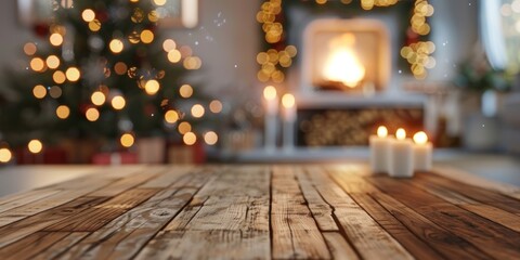 Poster - Empty wooden table top with a blurred background christmas festival lighting.