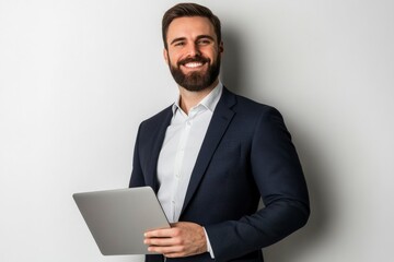 Portrait of a positive successful caucasian bearded business man in a suit, seo, consultant, broker, standing on isolated white background, with generative ai