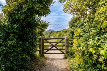 Poster - Countryside path with wooden gate and distant castle