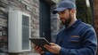 © fotofabrika - Technician inspecting exterior unit while using tablet for maintenance assessment during daytime outdoors