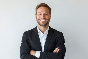 Wall Mural - Portrait of handsome caucasian man in formal suit looking at camera smiling with toothy smile isolated in white background. Confident businessman ceo boss freelancer manager with generative ai