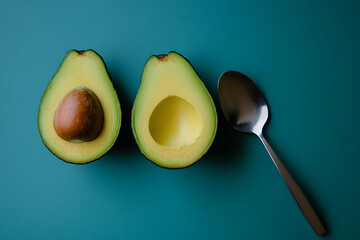 Wall Mural - A halved avocado with a spoon beside it on a teal background.