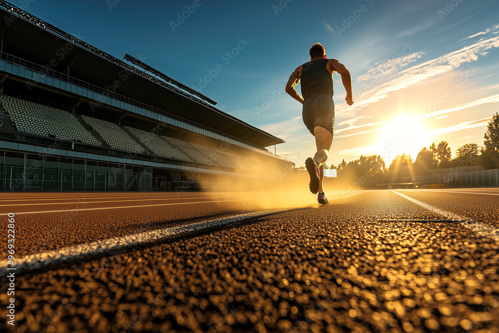 Silhouetted athlete races on empty stadium track during dramatic sunset ...