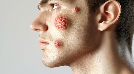 Close-up of a young man's face with skin blemishes, highlighting acne and skin conditions, ideal for health and dermatology topics.