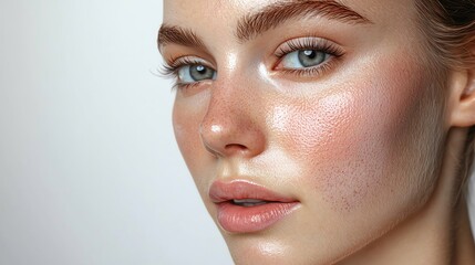 Close-up portrait of a beautiful woman showcasing radiant skin and striking blue eyes, perfect for beauty and skincare themes.