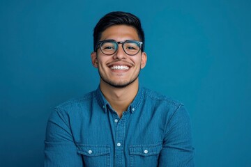 Wall Mural - Portrait of young smiling latin man in blue shirt and glasses, feeling confident, isolated on blue background with generative ai